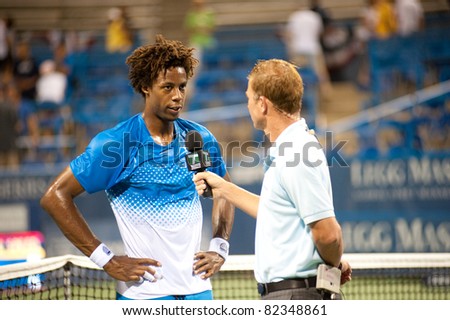 WASHINGTON - AUGUST 6: Gael Monfils (FRA) is interviewed after his victory over John Isner (USA, not pictured) in the semifinals of the Legg Mason Tennis Classic on August 6, 2011 in Washington.