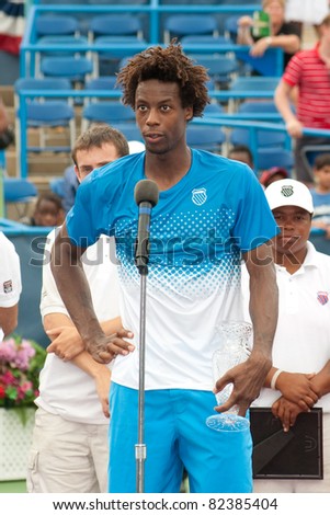 WASHINGTON - AUGUST 7: Gael Monfils (FRA) speaks to the crowd after losing in the finals to Radek Stepanek (CZE, not pictured) at the Legg Mason Tennis Classic on August 7, 2011 in Washington.