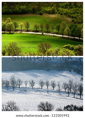 two seasons landscape with countryside views of Preslav.Spring and autumn