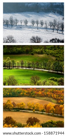 three  seasons landscape with countryside views of Preslav . Winter, spring and autumn