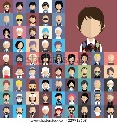 Set of people icons in flat style with faces. Vector women, men character