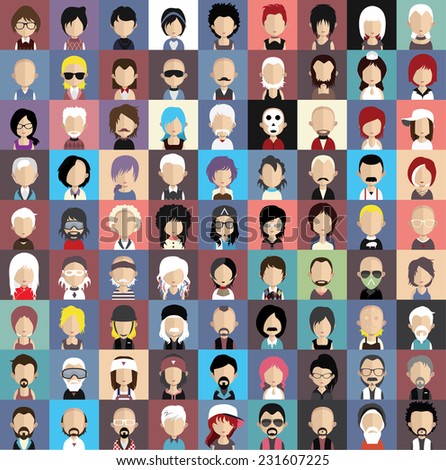 Set of people icons in flat style with faces Vector women men character Set of people icons in flat style with faces Vector women men character