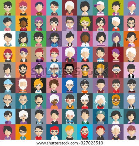 Set of people icons in flat style with faces. Vector women, men character Set 28 b