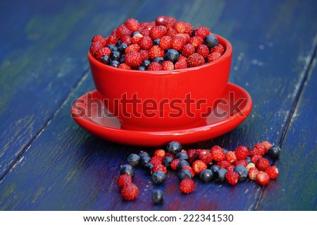 wild strawberry and blueberries in a red bowl