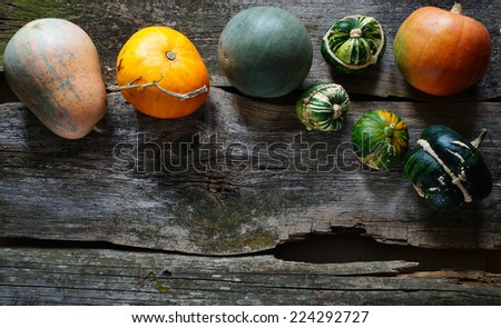 pumpkins with a copy space for note or congratulations on the old wooden background