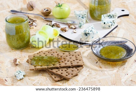 green tomatoes jam and Blue cheese on crisp breads