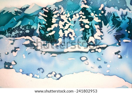 Winter landscape with mountains and river - an original modern batik painting on silk