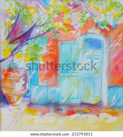 The door in the old house with tree - an original modern painting on silk, batik