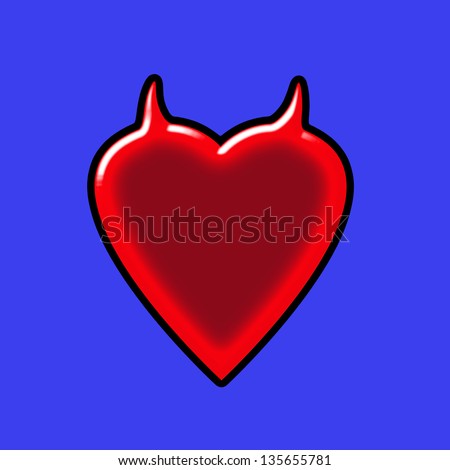 An abstract heart with devil horns implying a mischievous love isolated on a blue background