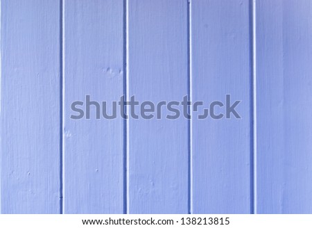 A close up of wood paneling painted pale blue on an interior or exterior wall.