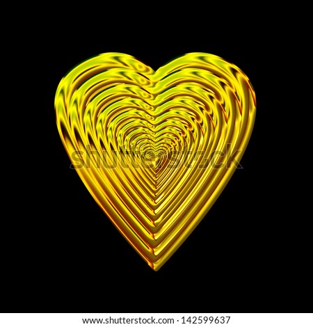 A golden heart created with multiple hearts in a layered effect isolated on black