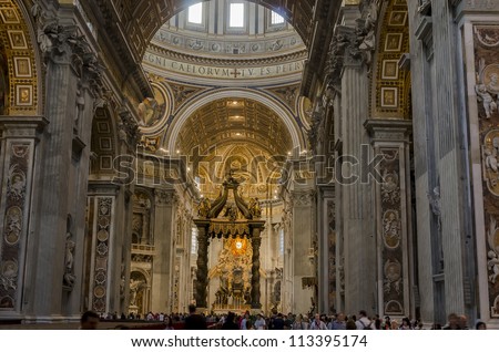VATICAN - OCTOBER 14: Interior of the Saint Peter Cathedral in Vatican at October 14, 2011. Saint Peter\'s Basilica has the largest interior of any Christian church in the world.