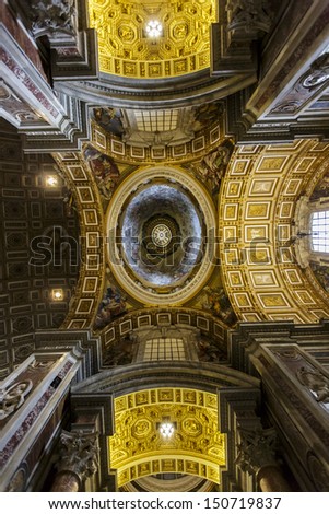 VATICAN - JULY 19: Interior of the Saint Peter Cathedral in Vatican on July 19, 2013. Saint Peter\'s Basilica has the largest interior of any Christian church in the world.