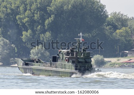NOVI SAD, SERBIA - SEPTEMBER 6: 441-class assault ship of the Serbian Armed Forces River Flotilla on the river Danube in Novi Sad, Serbia at September 6, 2013