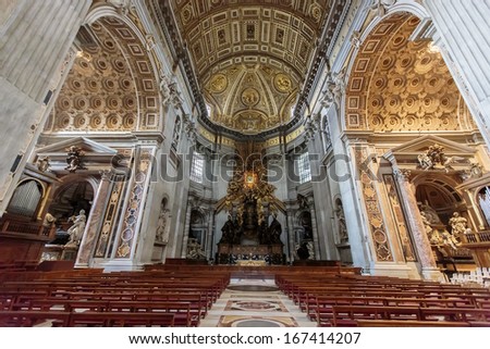 Vatican - July 19: Interior Of The Saint Peter Cathedral In Vatican On July 19, 2013. Saint Peter\'S Basilica Has The Largest Interior Of Any Christian Church In The World.