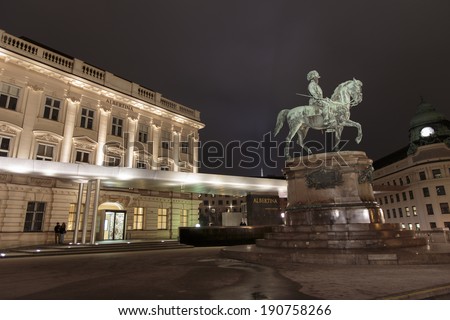 VIENNA, AUSTRIA - FEBRUARY 5, 2014: View at Albertina museum in Vienna at night. Albertina houses one of the most important print rooms in the world with approximately 1 million old master prints.