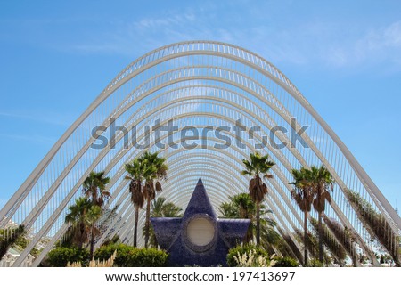 VALENCIA, SPAIN - SEPTEMBER 30, 2012: Detail of the City of Arts and Sciences in Valencia, Spain. City was Designed by Santiago Calatrava and Felix Candela and was finished at 1998.