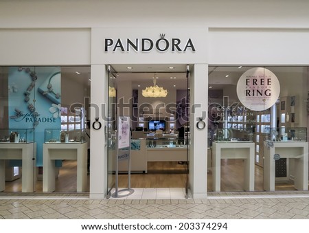 DENVER, USA - JUNE 25, 2014: View at Pandora store in Denver. Pandora is a company that designs, manufactures and markets hand-finished and modern jewelry. It was founded at 1982.