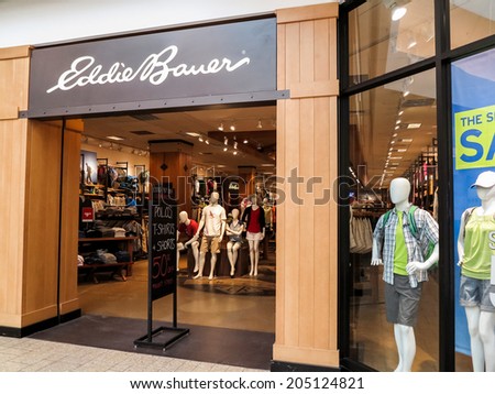 DENVER, USA - JUNE 25, 2014: View at Eddie Bauer store in Denver. Eddie Bauewr is clothing store chain founded at 1920 in Seattle.