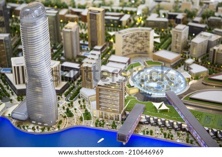 BELGRADE, SERBIA - JULY 24, 2014: Model of the Belgrade Waterfront project in Belgrade. Project started in 2014 and will include residential buildings, offices, hotels and 200 m high Belgrade Tower.