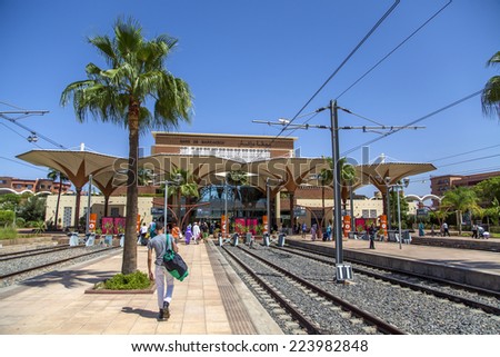 MARRAKESH, MOROCCO - SEPTEMBER 11, 2014: Unidentified people on train station in Marrakesh, Morocco. Station was opened in August 2008 and now is southern end-point of the Moroccan railway system.