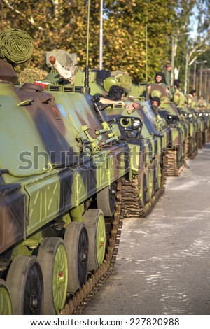 BELGRADE, SERBIA, OCTOBER 10, 2014: Unidentified soldiers in Infantry Fighting Vehicles of Serbian Armed Forces. They are preparing for parade marking 70th anniversary of Belgrade  liberation in WWII.