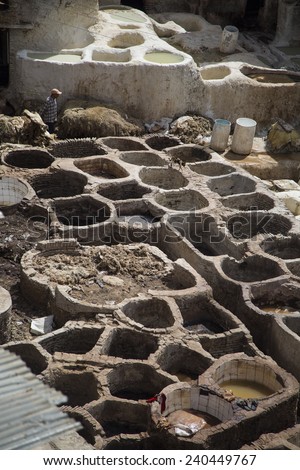 FES, MOROCCO - SEPTEMBER 15, 2014: Unidentified man working at tannery in Fes, Morocco. This is the oldest leather tannery in the world and has not changed since the 11th century.