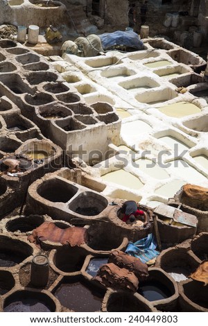 FES, MOROCCO - SEPTEMBER 15, 2014: Unidentified people working at tannery in Fes, Morocco. This is the oldest leather tannery in the world and has not changed since the 11th century.