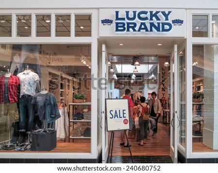 DENVER, USA - JUNE 25, 2014: Detail of the Lucky Brand store in Denver, USA. Lucky Brand is denim company founded at 1990 in Vernon, California.