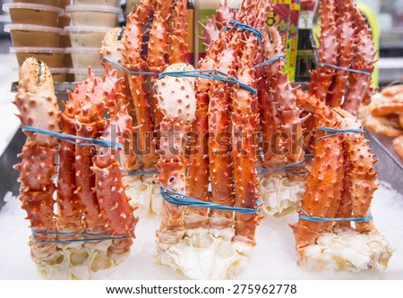 King crab legsr on the Sydney Fish Market. 52 tonnes of seafood are selling at auction on this market every day.