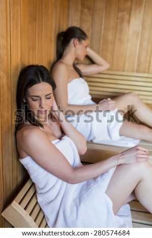 Young women relaxing in sauna