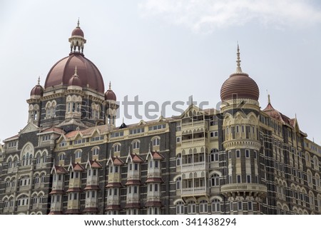 MUMBAI, INDIA - OCTOBER 9, 2015: Taj Mahal Palace Hotel in Mumbai, India. This five star hotel was opened at 1903 and have 560 rooms and 44 suites.