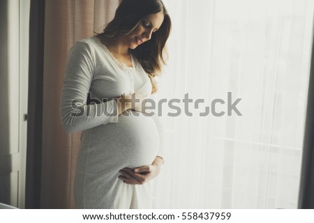 Pretty young pregnant woman standing by the window in room