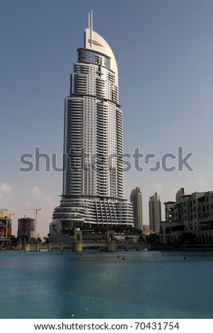 DUBAI, UAE - NOVEMBER 14: View at Address Downtown Dubai Hotel at November 14, 2010. Hotel is 63 stories high and featuring 196 lavish rooms and 626 serviced residences.
