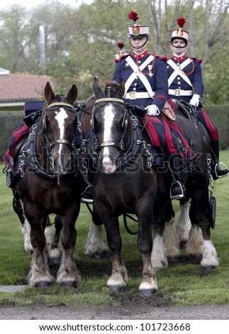 MADRID - MAY 5: Royal guards on horses. Ceremony of the Oath of Allegiance of the Royal Guards at El Pardo Palace on May 4, 2012 in Madrid
