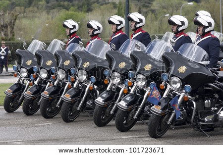 MADRID - MAY 5: Royal guards on motorbikes. Ceremony of the Oath of Allegiance of the Royal Guards at El Pardo Palace on May 4, 2012 in Madrid
