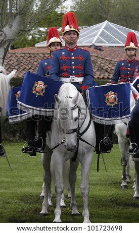 MADRID - MAY 5: Royal guard on horse. Ceremony of the Oath of Allegiance of the Royal Guards at El Pardo Palace on May 4, 2012 in Madrid