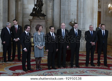 MADRID, JANUARY 16: Spanish King and Queen pose besides the Spanish Prime Minister and former Prime Ministers and Nicolas Sakorzy with the Golden Fleece, on January 16, 2012 in Madrid