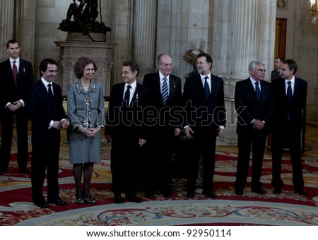 MADRID, JANUARY 16: Spanish King and Queen pose besides the Spanish Prime Minister and former Prime Ministers and Nicolas Sakorzy with the Golden Fleece, on January 16, 2012 in Madrid