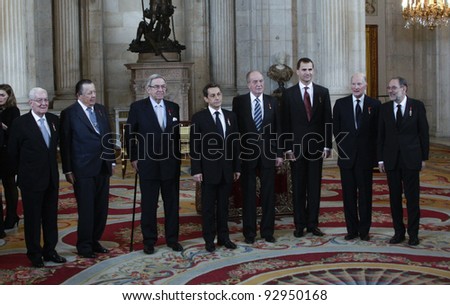 MADRID - JANUARY 16: Members of the Order of the Golden Fleece pose besides newest member Nicolas Sarkozy at the Royal Palace on January 16, 2012 in Madrid