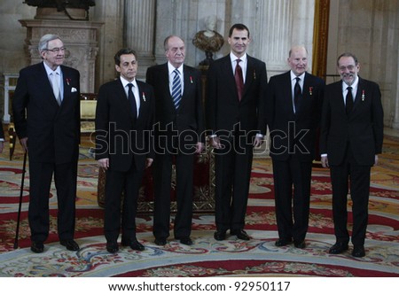 MADRID - JANUARY 16: Members of the Order of the Golden Fleece pose besides newest member Nicolas Sarkozy at the Royal Palace on January 16, 2012 in Madrid