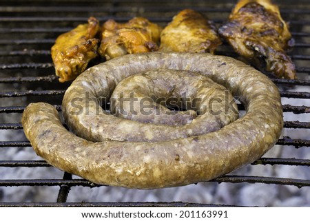 rolled sausage and pieces of chicken ready to eat off the fire