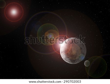 Large planet with moon floating in outer space with a bright star causing a lens flare
