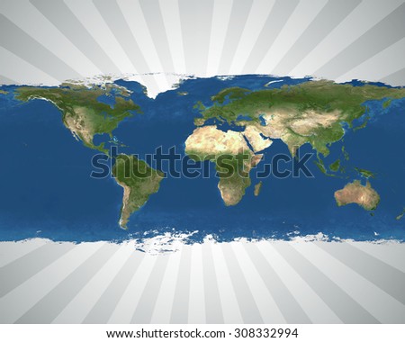 map of the world with a white and black sun burst effect behind it