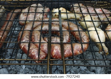 meat variety being cooked on a open fire