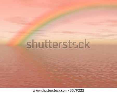 Pastel landscape with ocean, sky and rainbow
