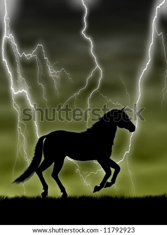 Black horse silhouette running in the storm