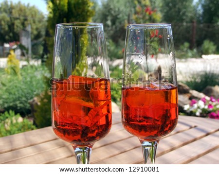 Two red drinks on a table in the nature