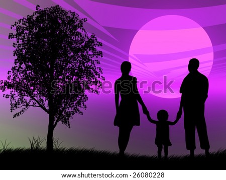 Family in front of a colorful sunset