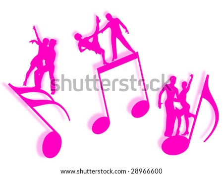 Couples dancing on notes in silhouette as symbol of music